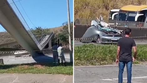 Passarela desaba após ser atingida por caminhão e deixa dois mortos na Fernão Dias, em Vargem